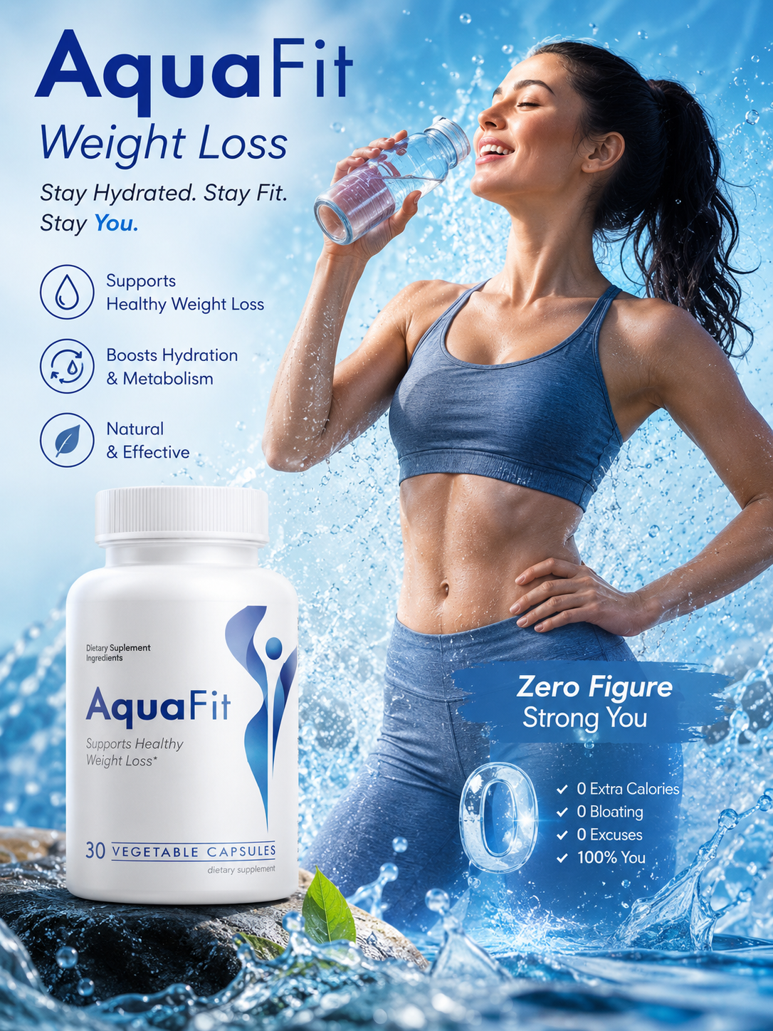 AquaFit weight loss and hydration supplement bottle with water splash