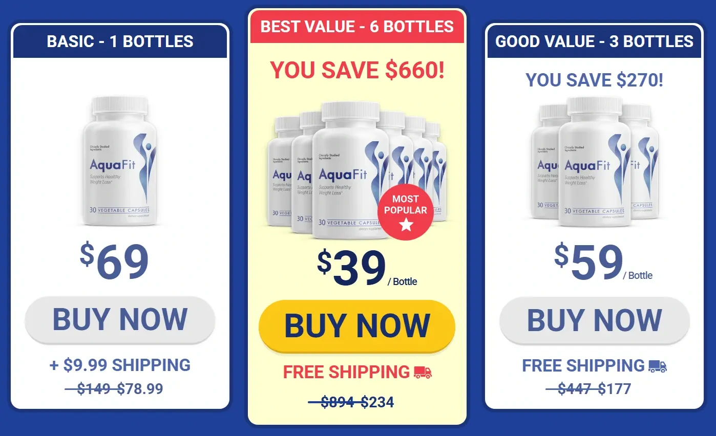 AquaFit pricing packages: 1 bottle, 3 bottles and 6 bottles best value