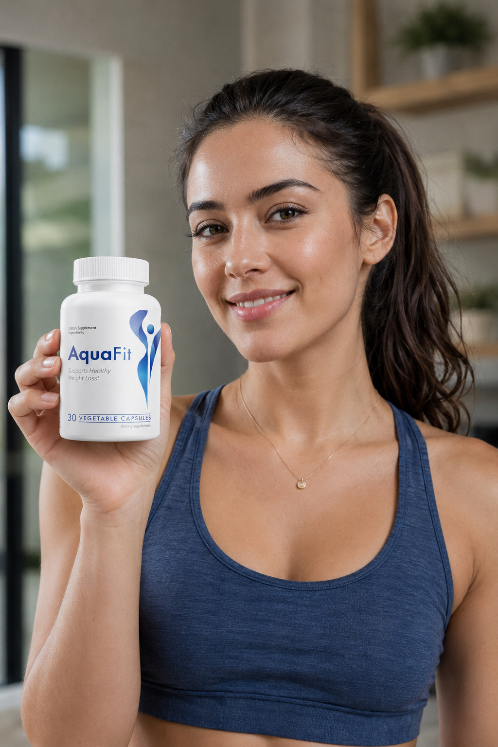 Active woman holding an AquaFit supplement bottle